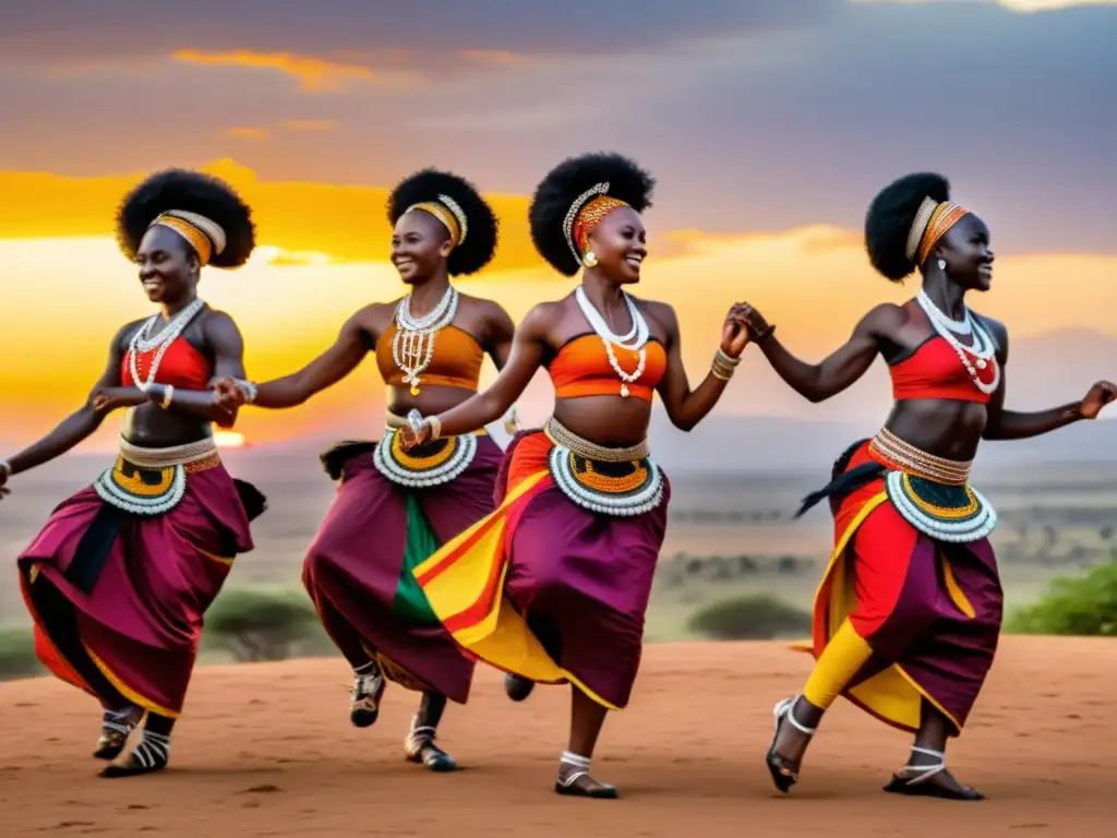 Grupo de bailarines africanos realizando una danza tradicional al atardecer, exudando energía y pasión