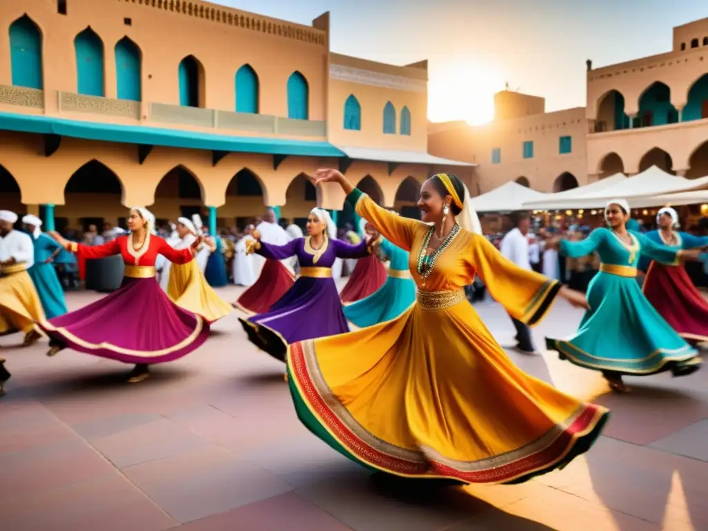 Grupo de bailarines africanos en danza tradicional, influenciados por la música árabe en un mercado al atardecer