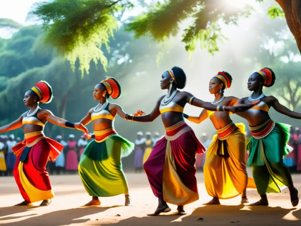 Grupo de bailarines africanos realiza danza sagrada en un claro soleado entre altos árboles