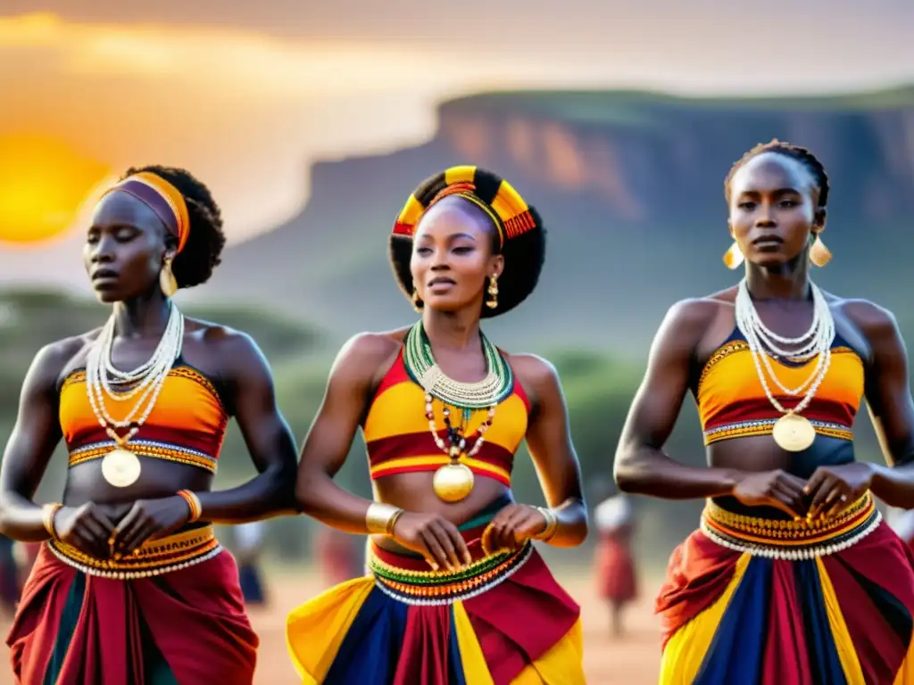 Grupo de bailarines africanos ejecutando una danza tradicional bajo el cielo abierto, capturando el significado cultural del baile africano