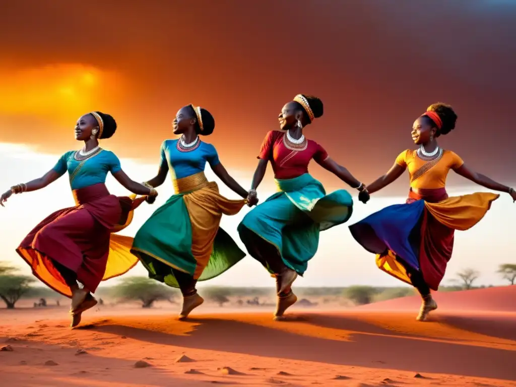 Grupo de bailarines africanos improvisando una danza tradicional con pasión bajo la cálida luz del atardecer