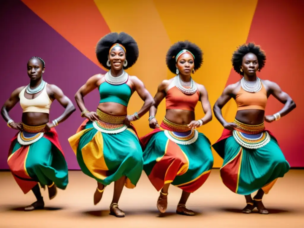 Un grupo de bailarines africanos ejecuta una danza tradicional con técnicas complejas de danza africana, mostrando pasión y energía