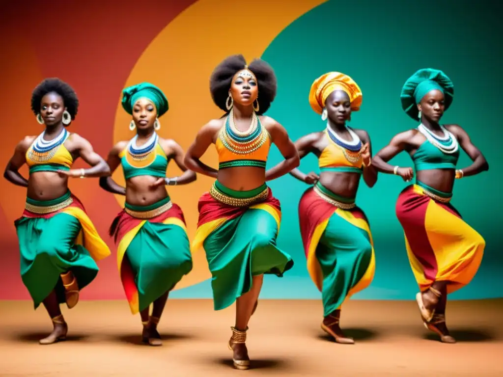 Un grupo de bailarines africanos realiza una danza tradicional con técnicas complejas, envueltos en colores vibrantes