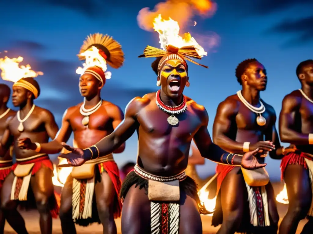 Un grupo de bailarines africanos realiza una danza ritual alrededor de una fogata, conectando con las antiguas técnicas de danza en rituales africanos