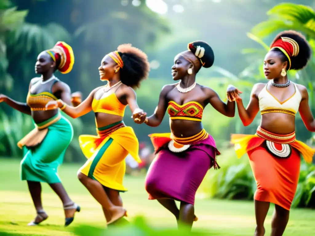 Un grupo de bailarines africanos ejecutando una danza tradicional con trajes coloridos en un entorno natural