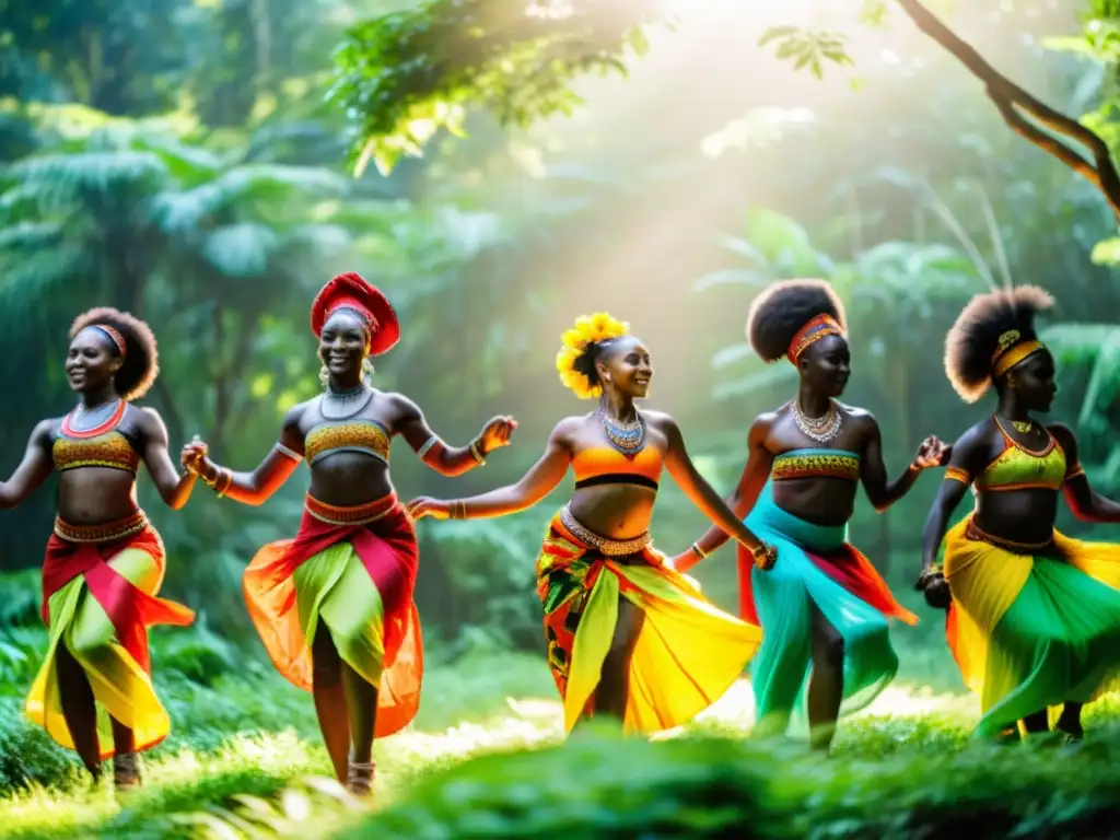 Grupo de bailarines africanos ejecutando una danza tradicional en un claro exuberante del bosque