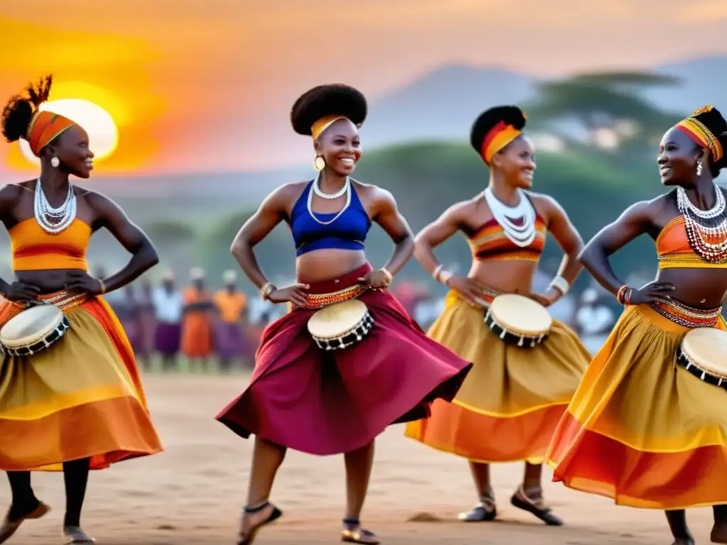 Grupo de bailarines africanos ejecutando una danza vibrante y energética al atardecer, mostrando la importancia cultural de la danza africana