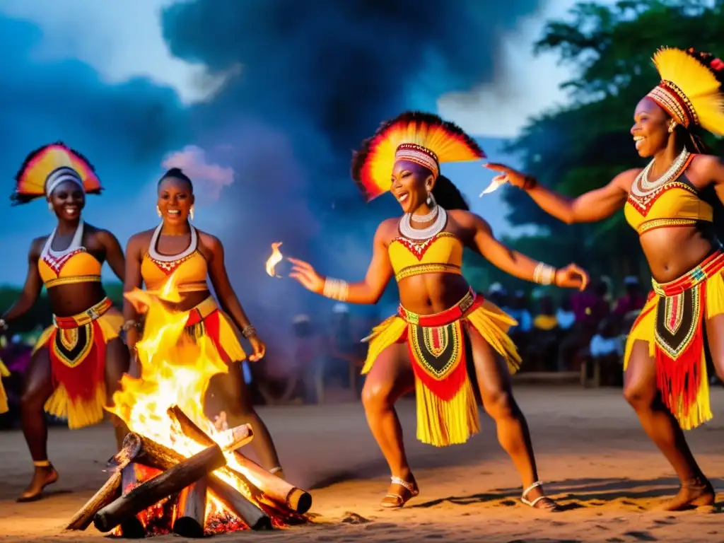 Un grupo de bailarines africanos ejecuta una danza tradicional alrededor de una fogata rugiente, sus trajes vibrantes y elaborados crean un espectáculo hipnótico de movimiento y color