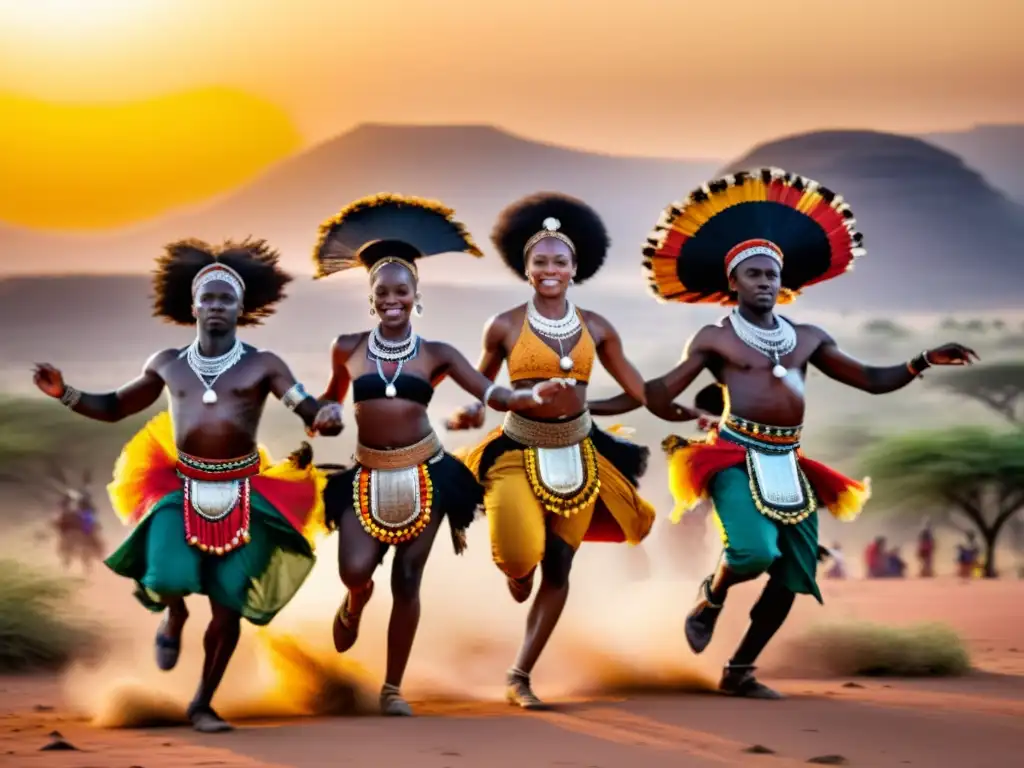 Grupo de bailarines africanos en danza tribal, con trajes vibrantes y expresiones intensas, en un paisaje africano al atardecer