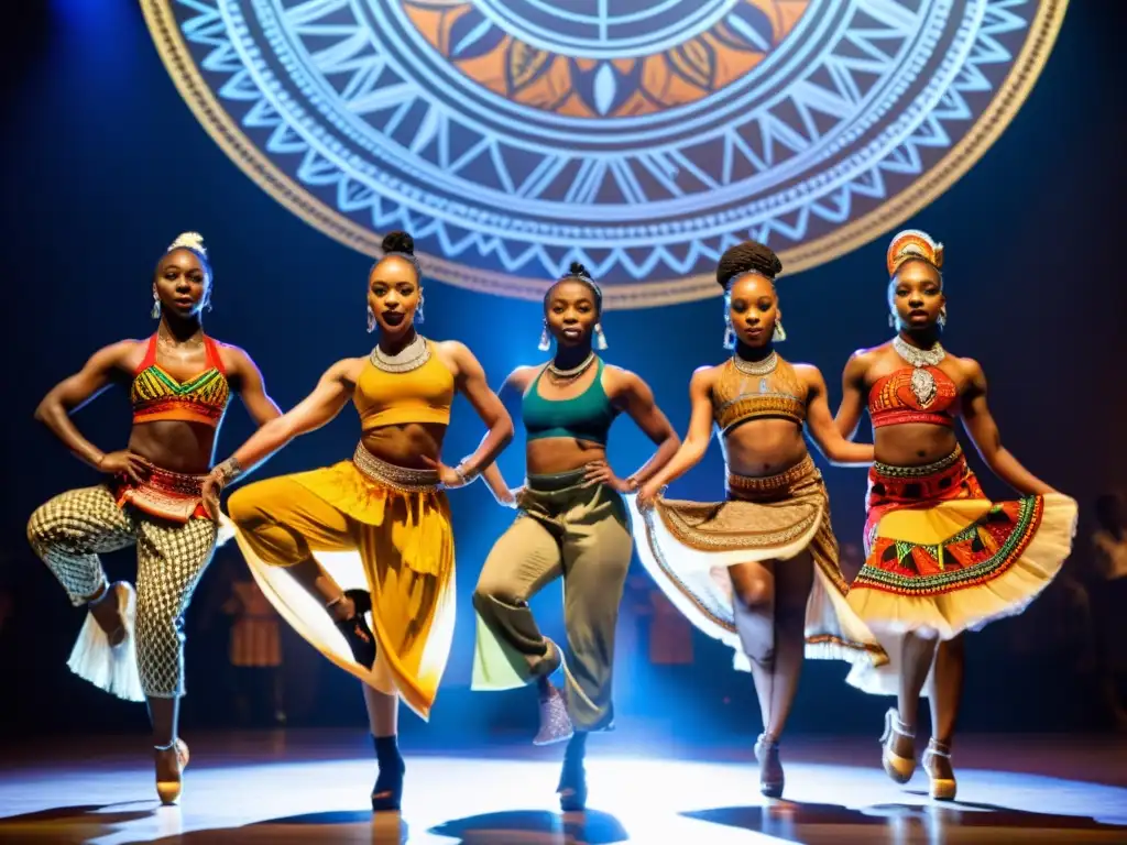 Grupo de bailarines africanos fusionando danza contemporánea y tradicional con movimientos dinámicos y trajes vibrantes