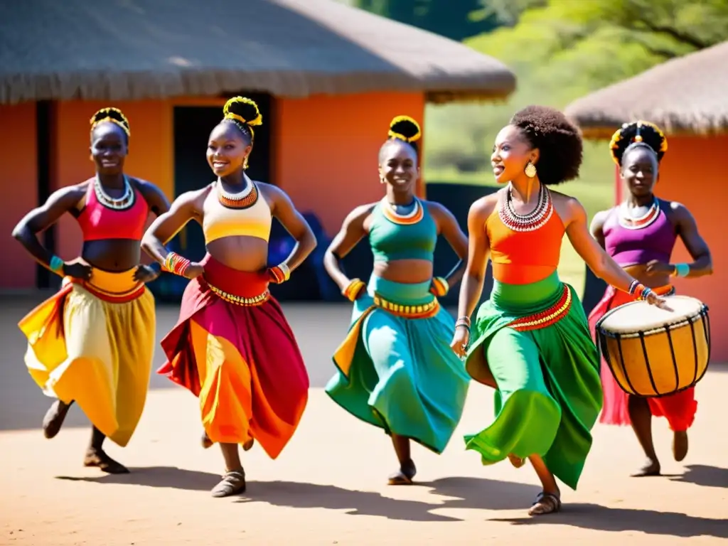 Un grupo de bailarines africanos practica danzas tradicionales en un entorno vibrante al aire libre, mostrando fuerza y agilidad