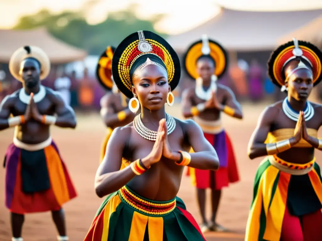 Grupo de bailarines africanos realizando danzas tradicionales en vibrantes trajes