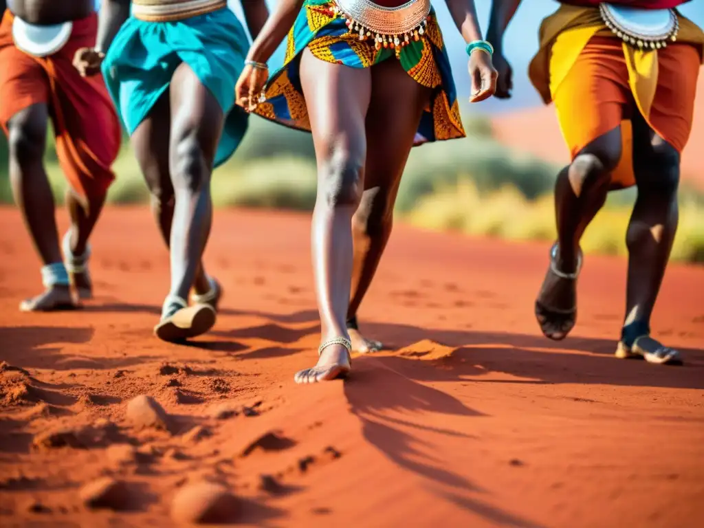 Grupo de bailarines africanos descalzos conectando con la tierra roja mientras realizan danza tradicional africana