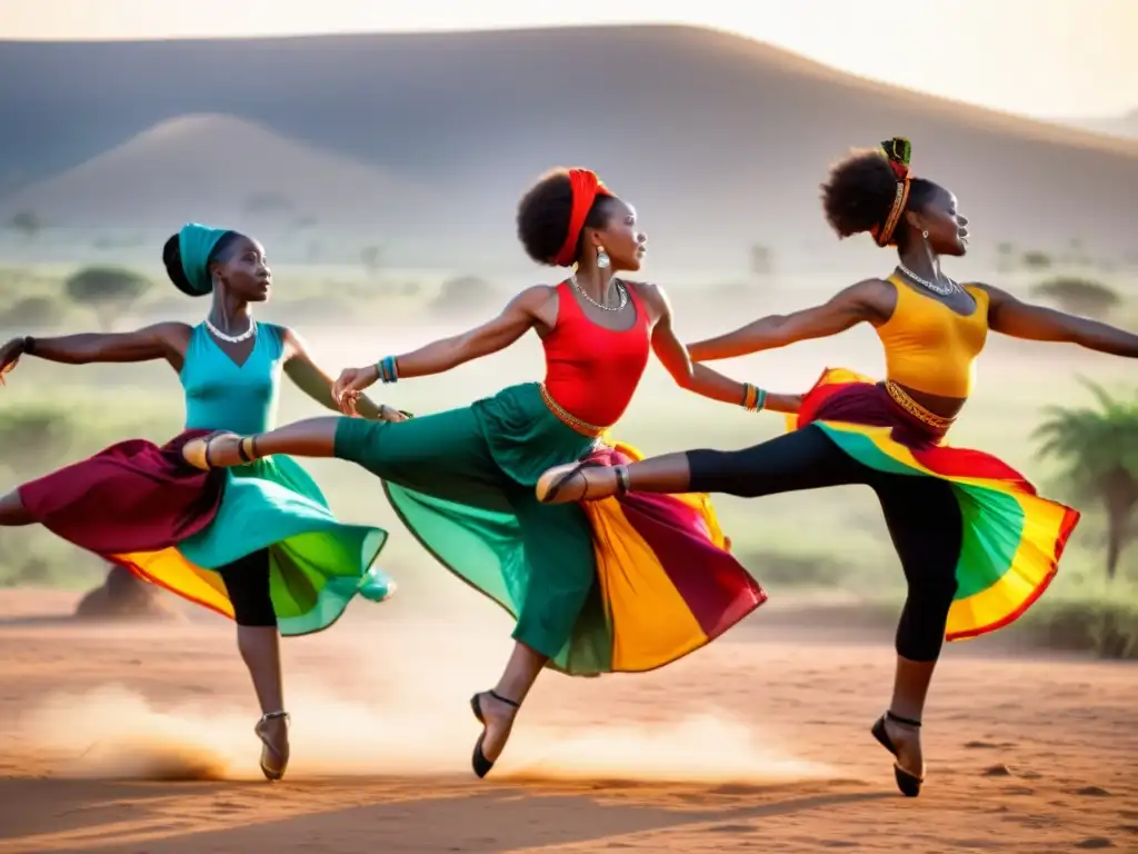 Grupo de bailarines africanos realiza ejercicios para perfeccionar danza contemporánea africana, transmitiendo fuerza, gracia y fluidez en sus movimientos sincronizados al aire libre