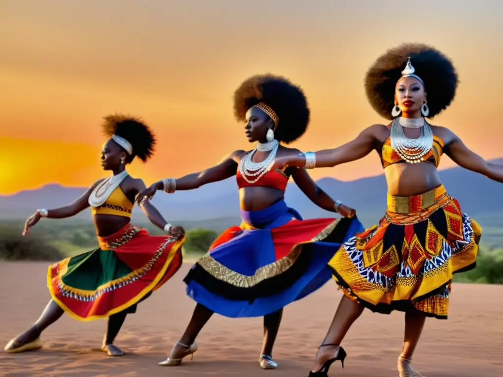 Un grupo de bailarines africanos enérgicos y coloridos danzando al atardecer, capturando la influencia de la danza africana con vitalidad y tradición