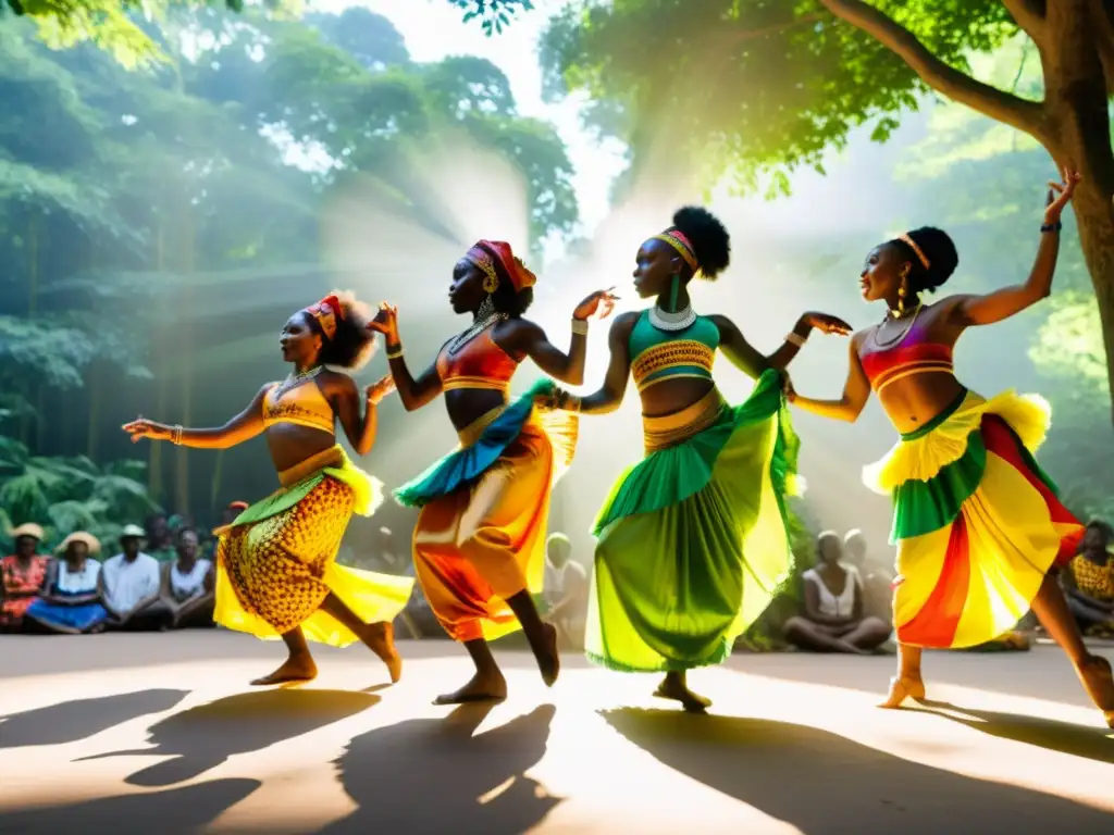 Grupo de bailarines africanos danzando en la exuberante naturaleza, conectados con el significado cultural de la danza africana