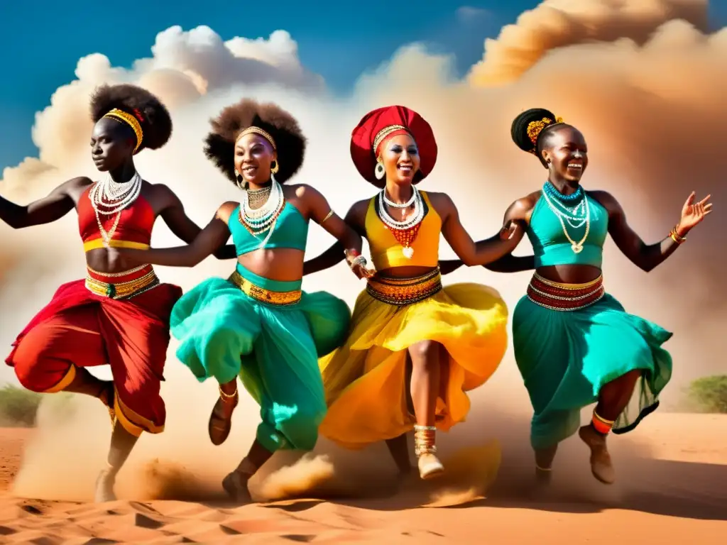 Grupo de bailarines africanos danzando con fuerza y gracia, rodeados de polvo levantado, capturando la esencia de la danza africana