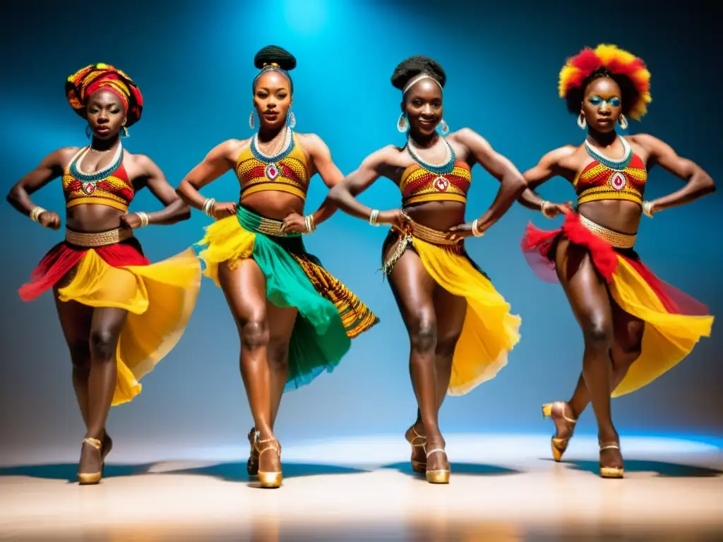 Un grupo de bailarines africanos ejecutando con pasión y gracia ejercicios para perfeccionar danza contemporánea africana