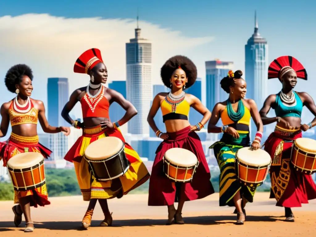 Grupo de bailarines africanos danzando con gracia en un claro soleado, preservación de la enseñanza de danza en África