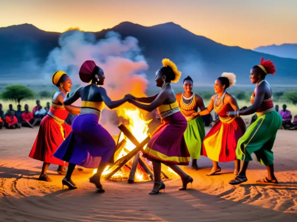 Grupo de bailarines africanos danzando alrededor de una hoguera al atardecer, evocando la importancia del asesor cultural en documentales de danza