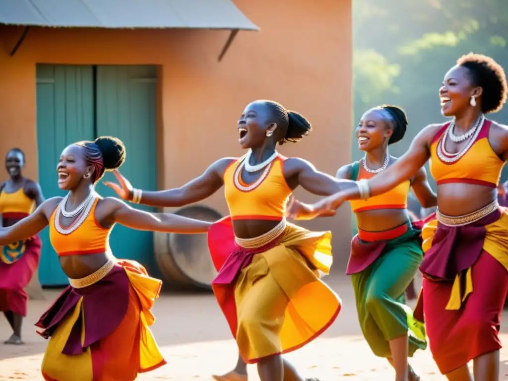 Grupo de bailarines africanos danzando con improvisación, transmitiendo la importancia de la improvisación en danza africana