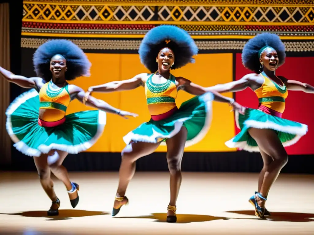 Grupo de bailarines africanos en competición internacional de danza, con trajes tradicionales vibrantes y movimientos expresivos de alta energía