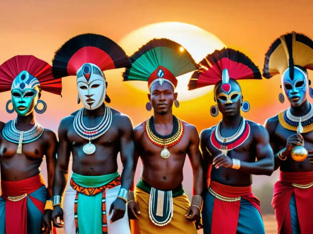 Grupo de bailarines africanos con máscaras y trajes tradicionales, danzando al atardecer