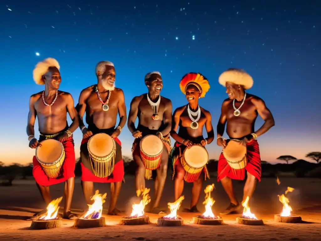 Un grupo de bailarines africanos mayores, vestidos con trajes tradicionales vibrantes, bailando graciosamente alrededor de una fogata bajo el cielo estrellado