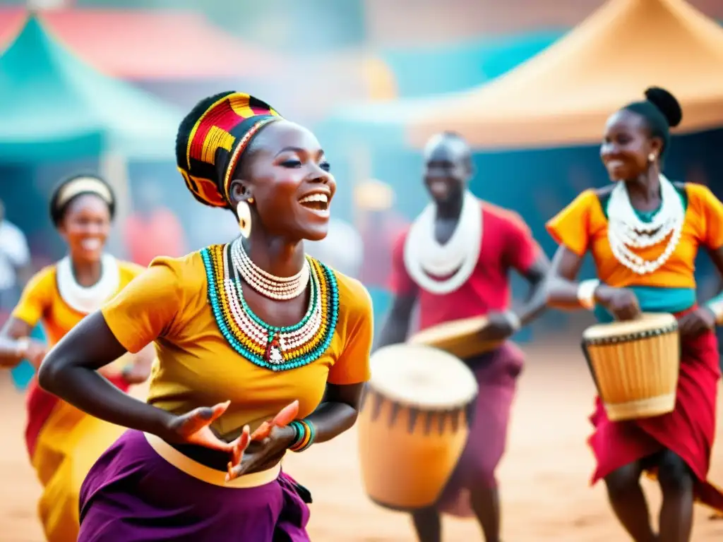 Grupo de bailarines africanos en mercado al aire libre, vistiendo trajes tradicionales coloridos, danzando al ritmo de tambores