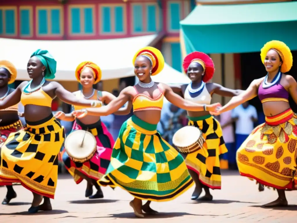 Grupo de bailarines africanos en mercado vibrante con danzas tradicionales africanas significado cultural