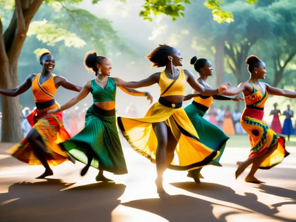 Grupo de bailarines africanos en movimiento, expresando la importancia de la improvisación en la danza africana con alegría y vitalidad bajo la luz del sol entre los árboles