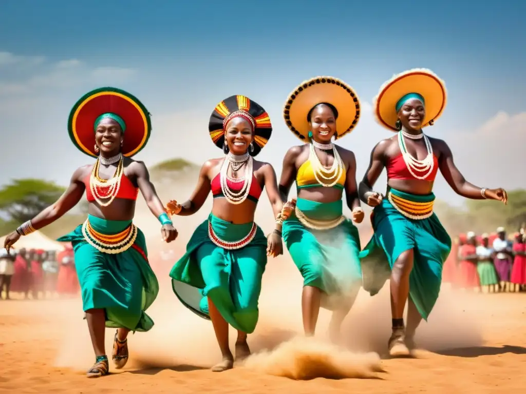 Danza africana tradicional: explosión de color y tradición Grupo de bailarines africanos en movimiento bajo el cielo abierto, representando la danza tradicional
