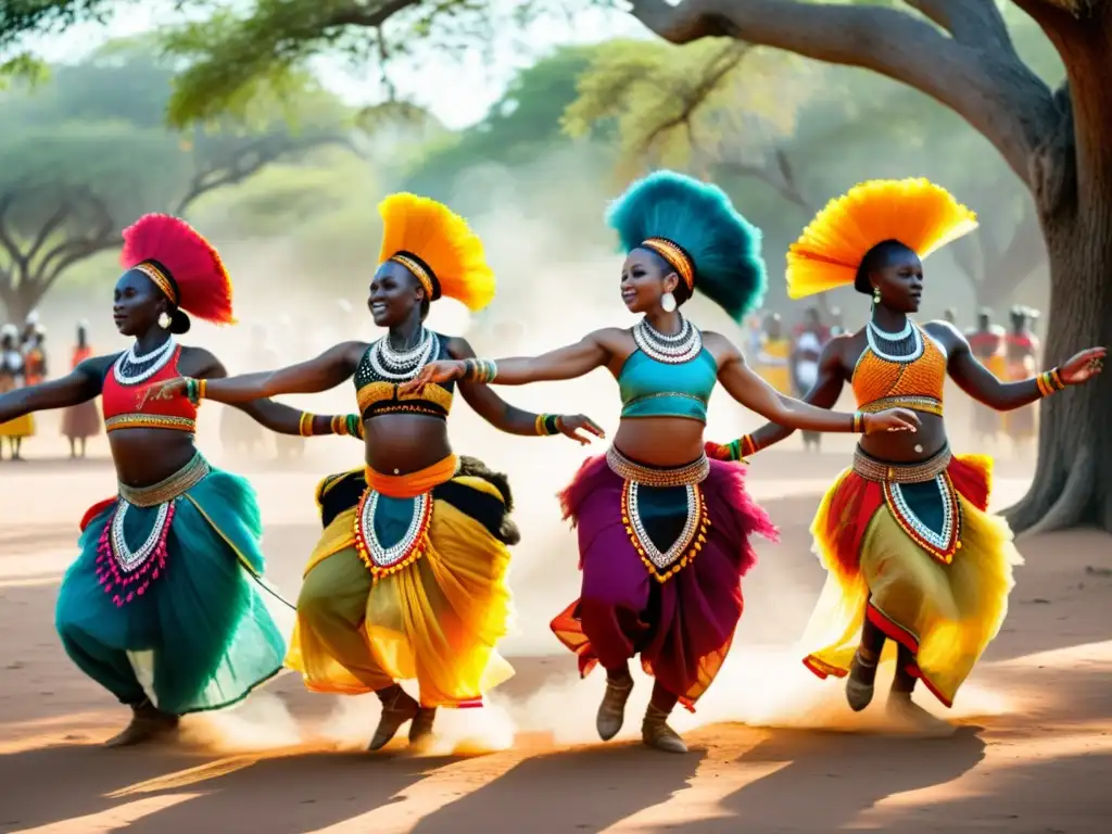 Grupo de bailarines africanos en movimiento, vistiendo atuendos coloridos, danza llena de energía y gracia bajo la luz del sol