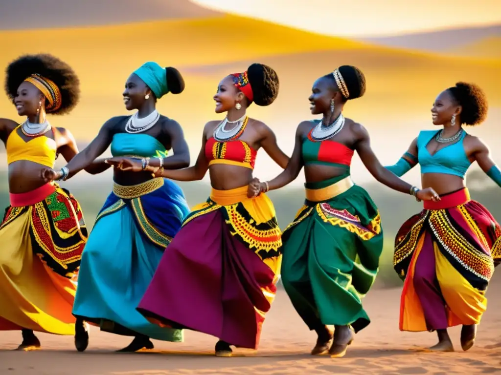 Un grupo de bailarines africanos compitiendo con pasión al atardecer