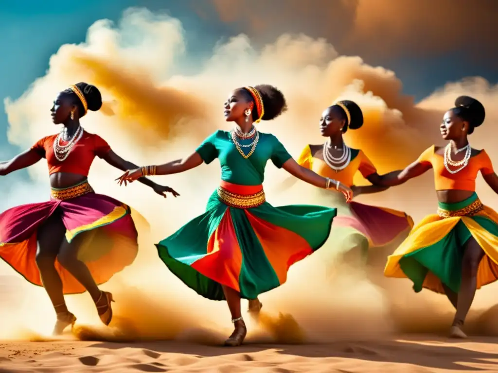 Grupo de bailarines africanos ejecutando pasos básicos de danza en vibrantes trajes tradicionales, envueltos en polvo, con expresiones apasionadas