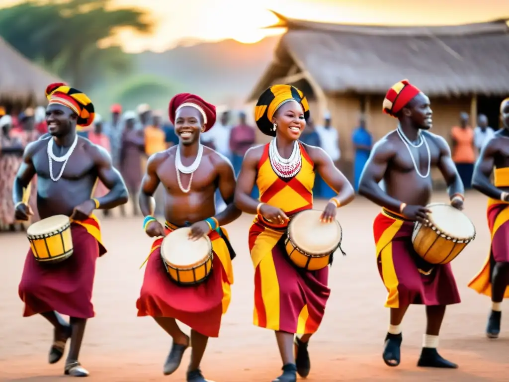 Grupo de bailarines africanos en una plaza del pueblo, celebrando con danzas tradicionales al ritmo de tambores