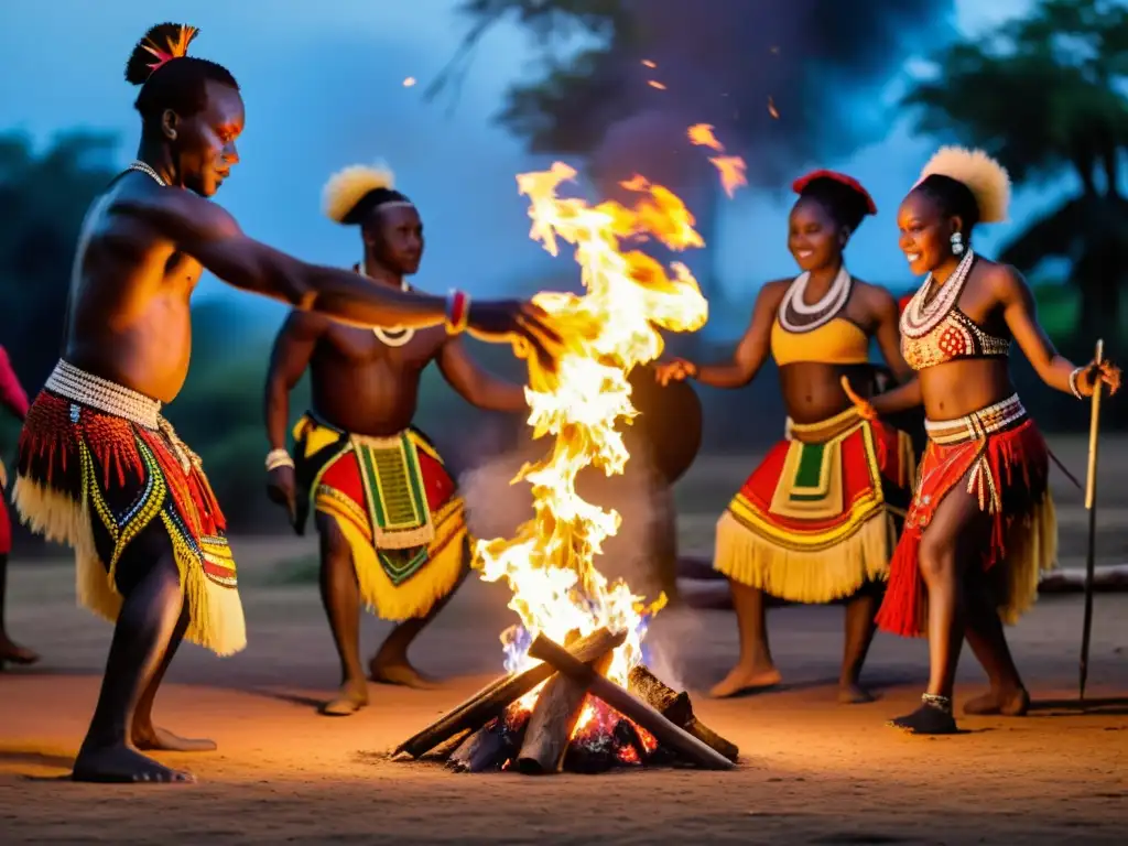 Grupo de bailarines africanos realizando un poderoso baile de sanación alrededor de un fuego en una aldea, inmersos en el papel de la danza africana