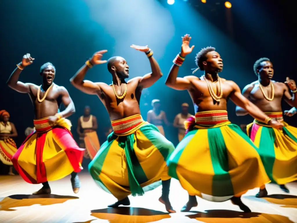 Grupo de bailarines africanos danzando al ritmo de la kora en un vibrante escenario cultural