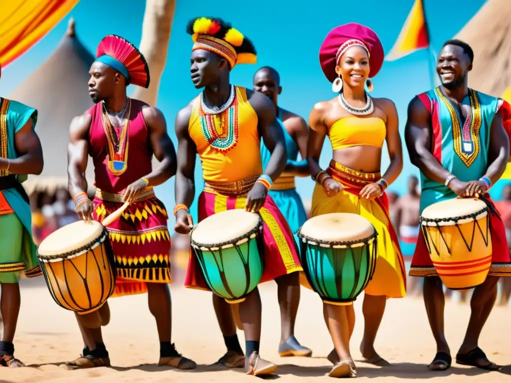 Grupo de bailarines africanos danzando al ritmo de tambores Djembe en vibrante escenario al aire libre