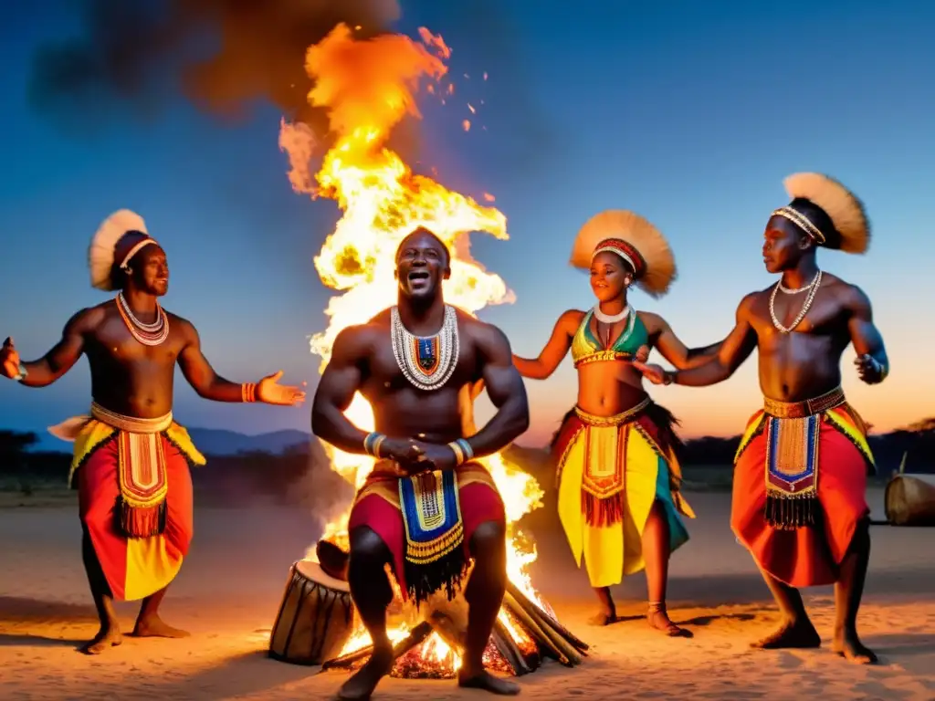 Grupo de bailarines africanos en rituales sagrados alrededor de una fogata bajo el cielo nocturno