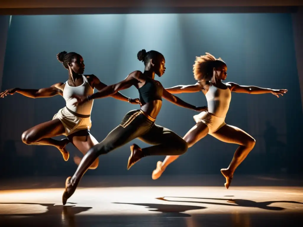 Grupo de bailarines africanos en salto dinámico, mostrando pasión y esfuerzo en ejercicios para perfeccionar danza contemporánea africana