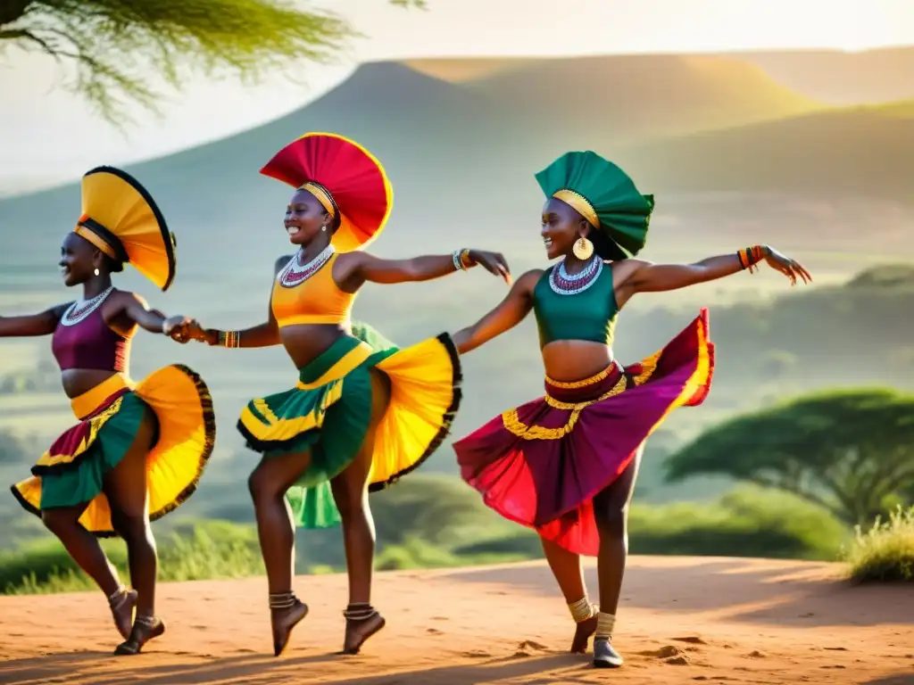 Un grupo de bailarines africanos con técnicas y coreografías de danza africana, vistiendo trajes tradicionales vibrantes, bailando al aire libre bajo el sol dorado