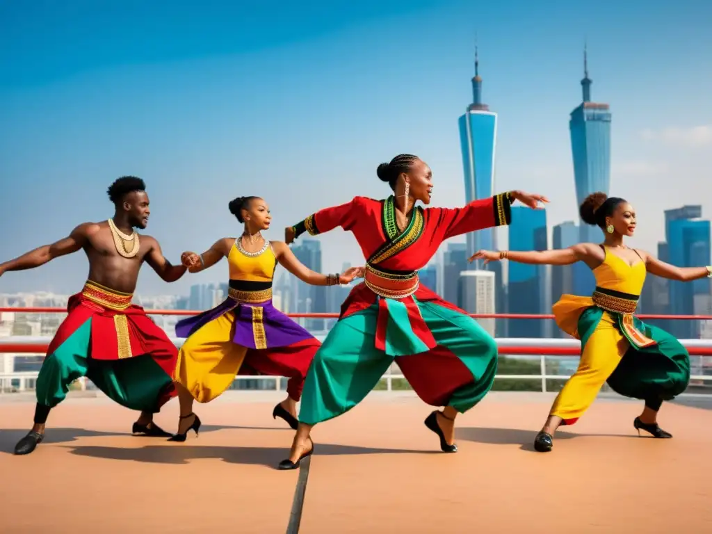 Grupo de bailarines africanos compitiendo con técnicas avanzadas en danza, expresando pasión y destreza en la ciudad