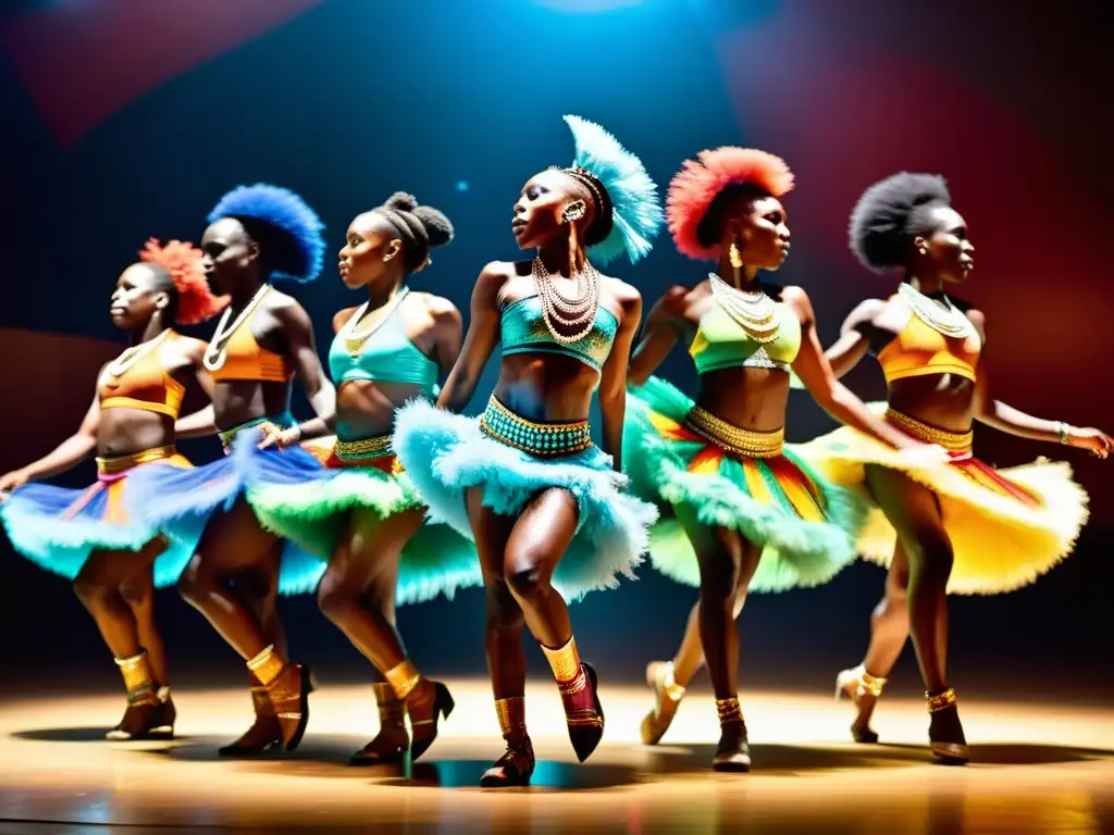 Grupo de bailarines africanos ejecutan técnicas avanzadas danza africana competitiva, con pasión y colorido, ante un público entregado