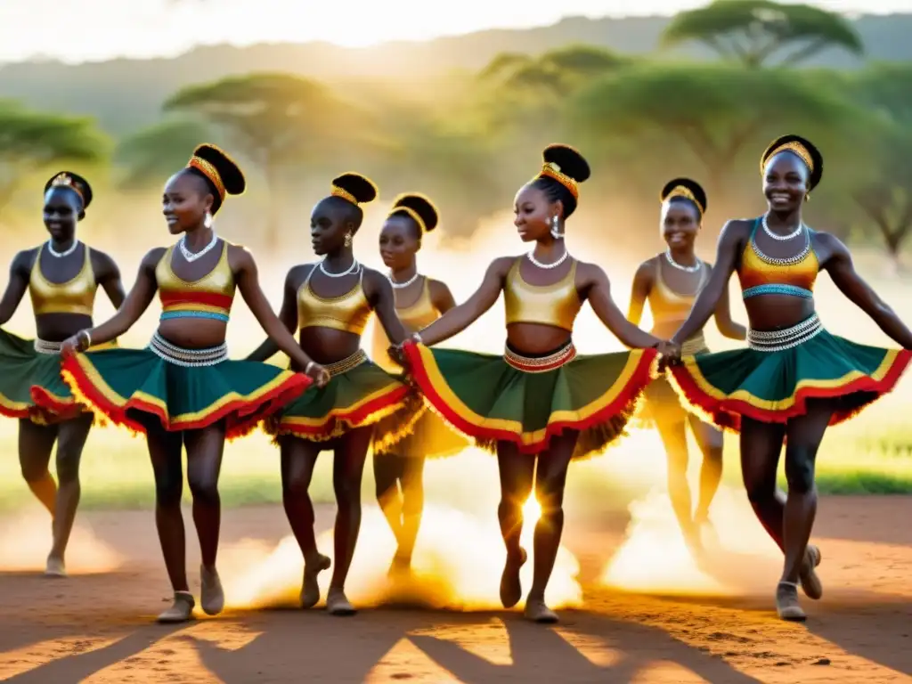 Un grupo de bailarines africanos practica técnicas avanzadas de danza competitiva en un claro soleado, con determinación y enfoque en sus rostros