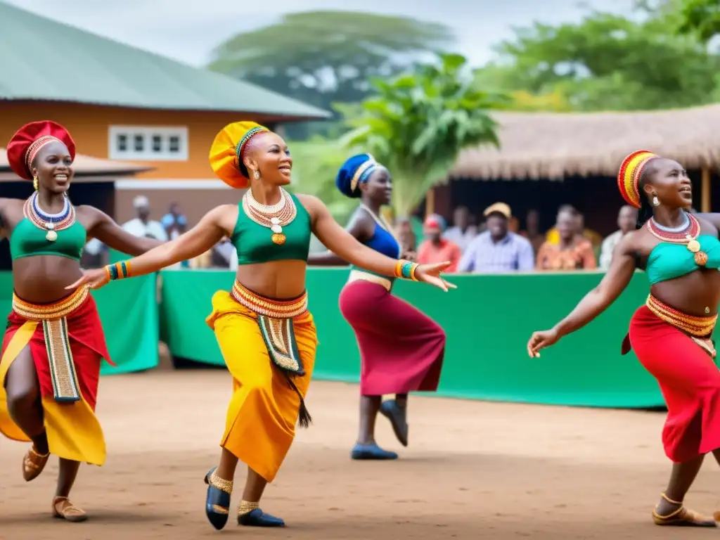 Grupo de bailarines africanos tradicionales en un vibrante espectáculo al aire libre, con trajes coloridos y movimientos intrincados que transmiten la rica historia cultural