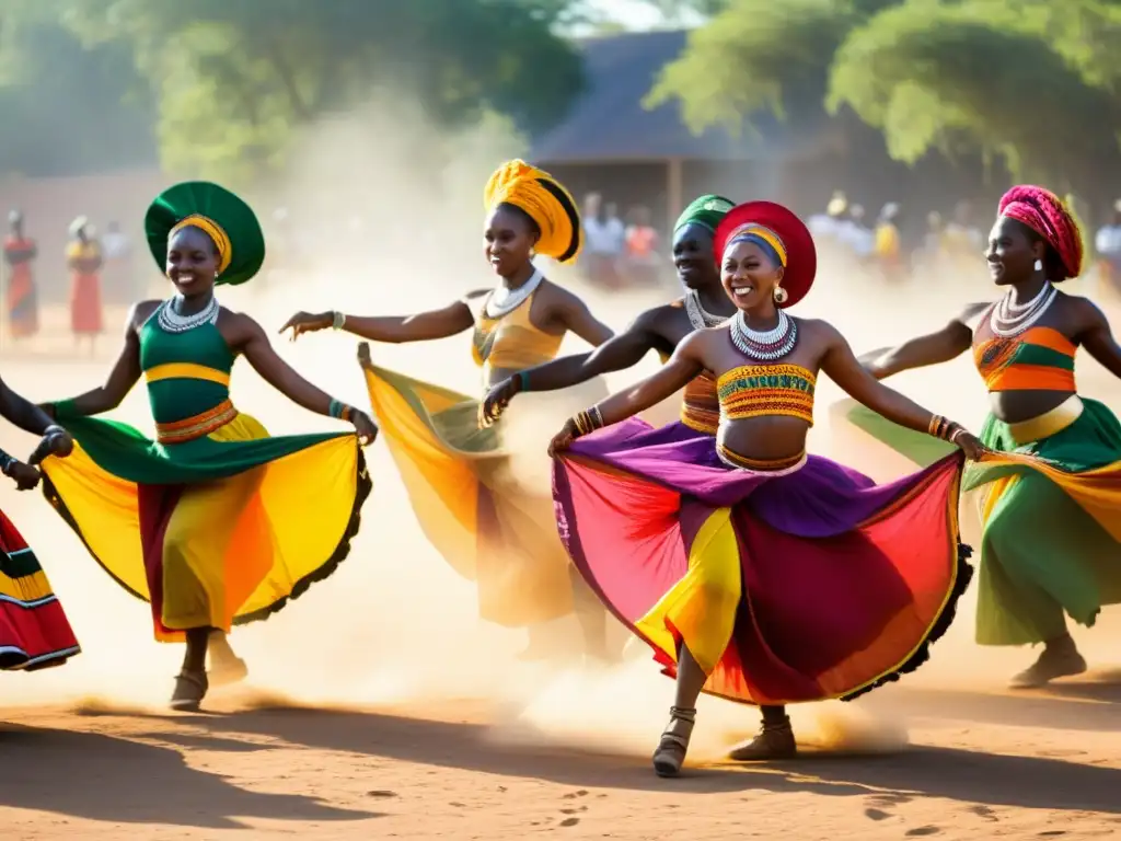 Baile tradicional africano: energía y cultura en movimiento Grupo de bailarines africanos tradicionales en un claro polvoriento, con trajes coloridos, expresiones intensas y movimientos poderosos, capturando la energía vibrante y la importancia cultural de la danza en su comunidad
