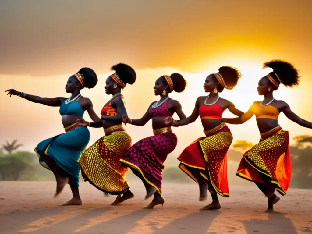 Grupo de bailarines africanos tradicionales en vibrante actuación al atardecer