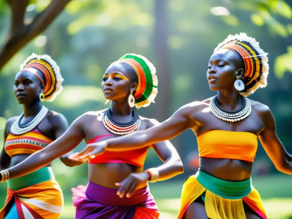 Un grupo de bailarines africanos tradicionales, con trajes vibrantes, danzan en un claro soleado entre árboles verdes