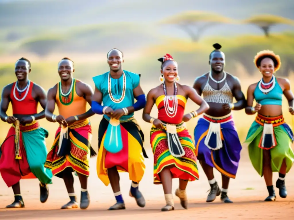 Un grupo de bailarines africanos tradicionales realiza una danza vibrante en la sabana bajo el sol